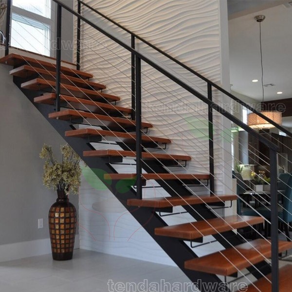 steel stairs double stringer staircase with timber steps and wire balustrade 