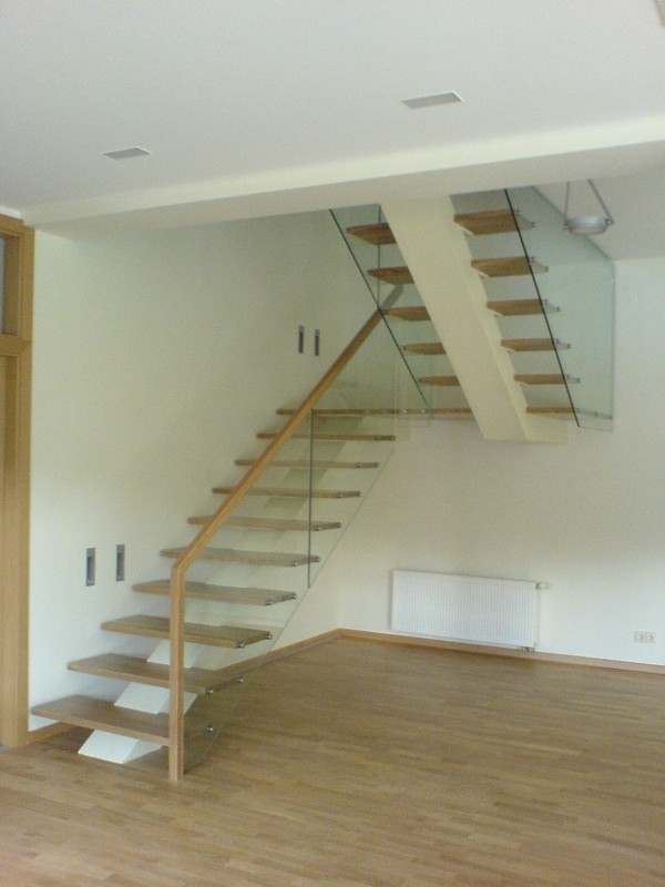 White Middle Spine steel curved Staircase with laminated glass steps with wood handrail 