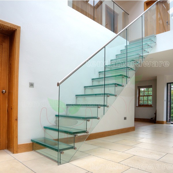 contemporary safety glass floating staircases with metal rail 