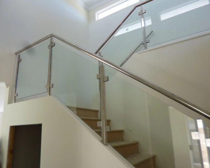 semi-frameless glass railing with Fully welded Round stainless steel handrail 