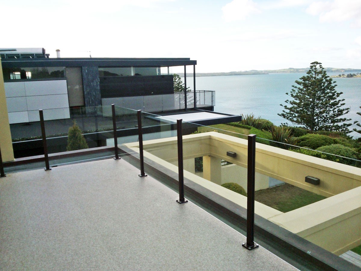 semi- frame glass railing with black post