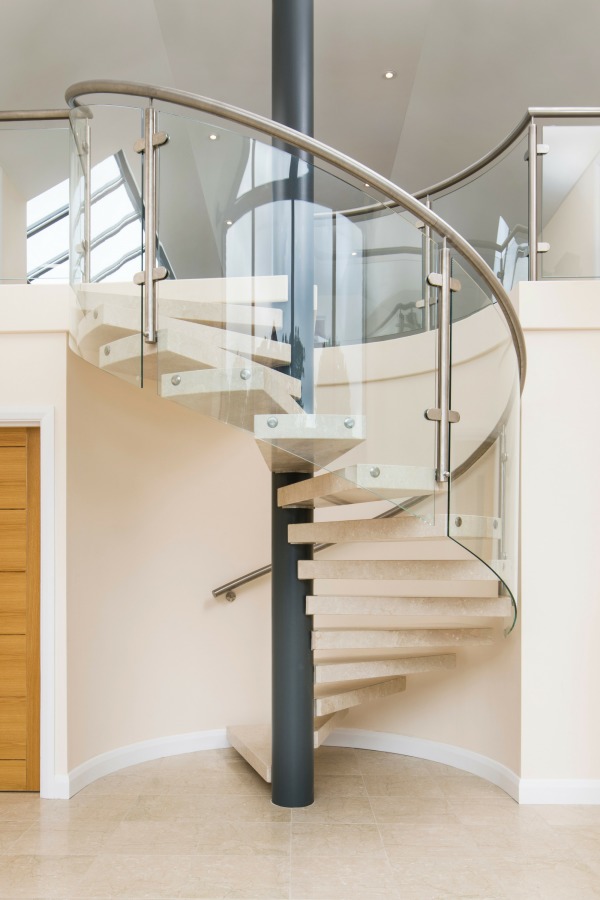 spiral staircase with wood tread glass railing